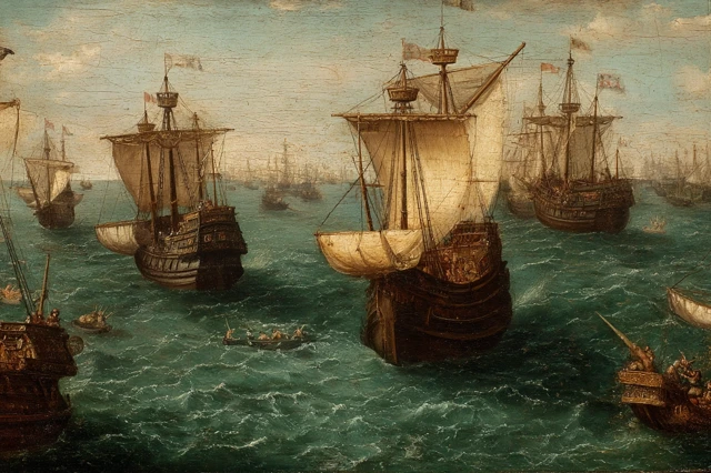 Renaissance Ships at Sea: A Painting of Merchantmen Fighting Pirates