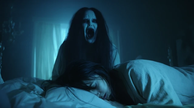 Ghostly Figure Haunts Sleeping Woman in Eerie Scene