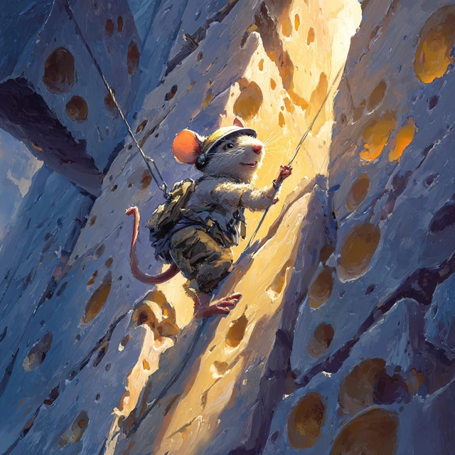 Courageous Mouse Rappelling Down Swiss Cheese