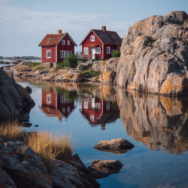 Red Houses Reflecting in Water Sweden