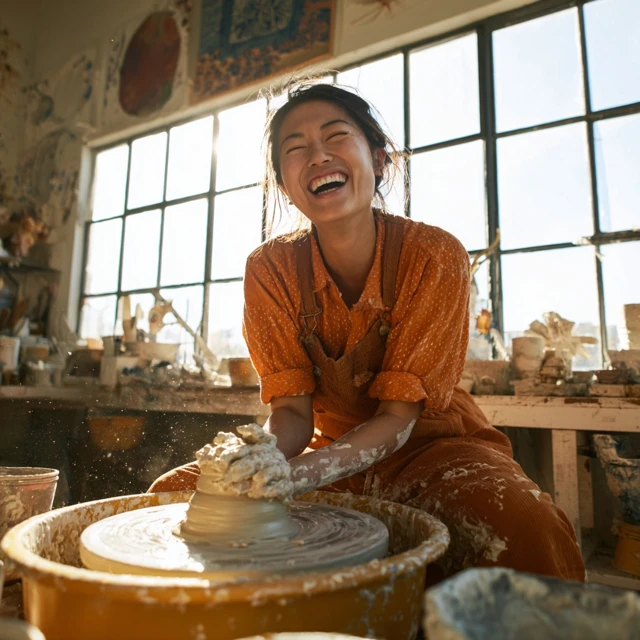 Asian Woman Pottery Making Fun in Ceramics Class