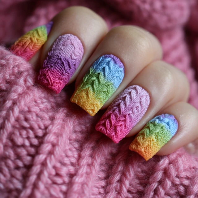 Rainbow Knit Nail Art Winter Wonderland