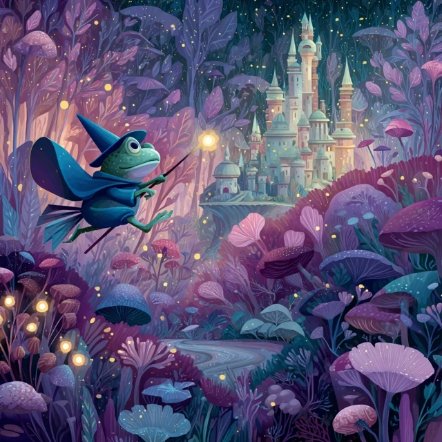 Wizard Frog in Magical Forest Whimsical Illustration