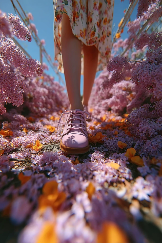 Walking Through Lilac Petals: A Low Angle View