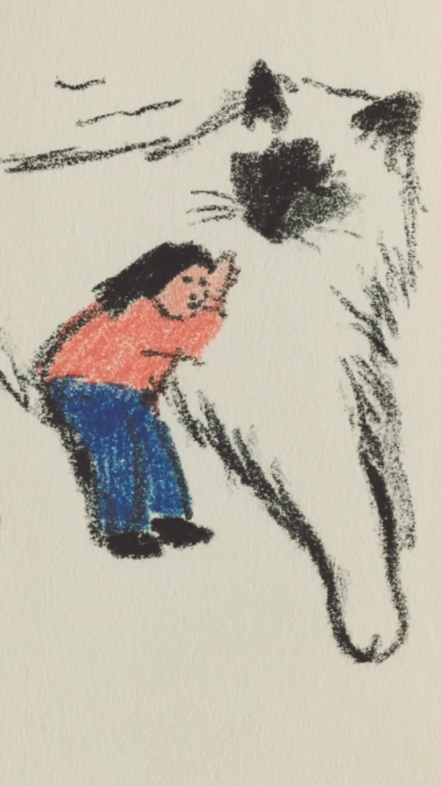Cute illustration of a person and a giant Ragdoll cat