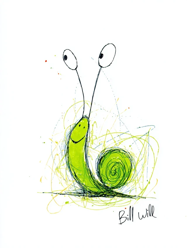 Cute Green Snail Cartoon Illustration by Bill Waterson
