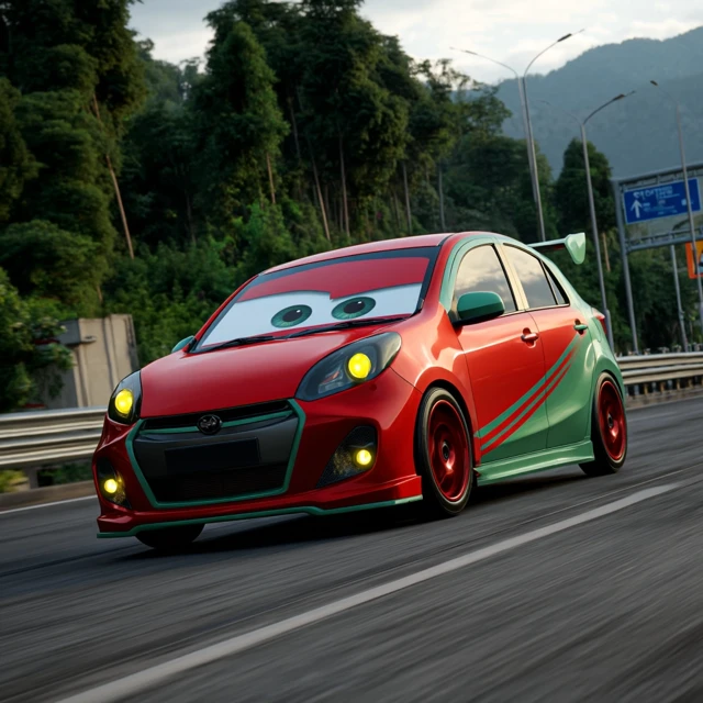 Pixar Style Animated Perodua Myvi on the Highway