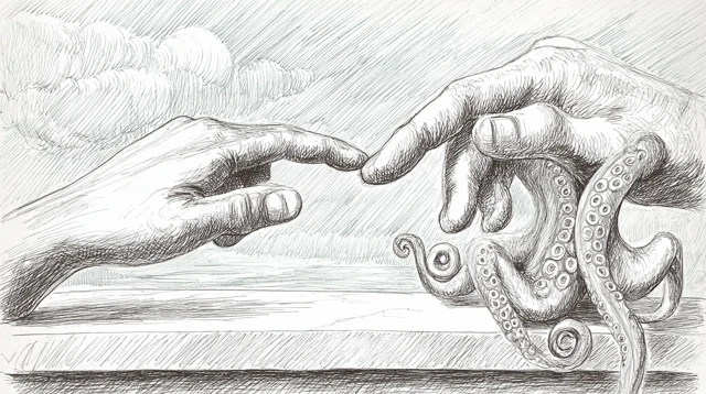 Creation of Adam Octopus Surreal Pencil Sketch