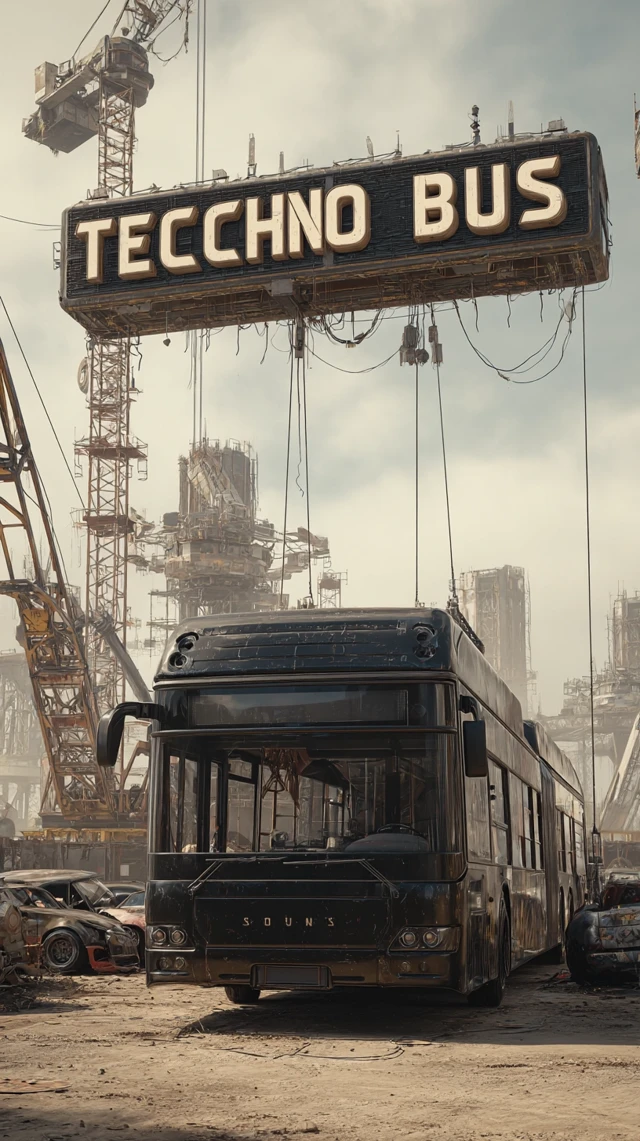 Techno Bus in Abandoned Car Dump Cyberpunk Scene