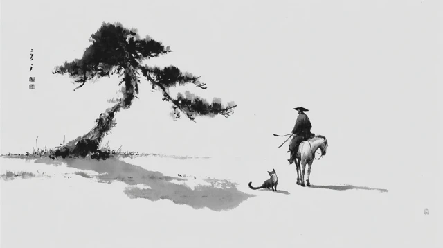 Ink Wash Painting Horse Rider and Fox