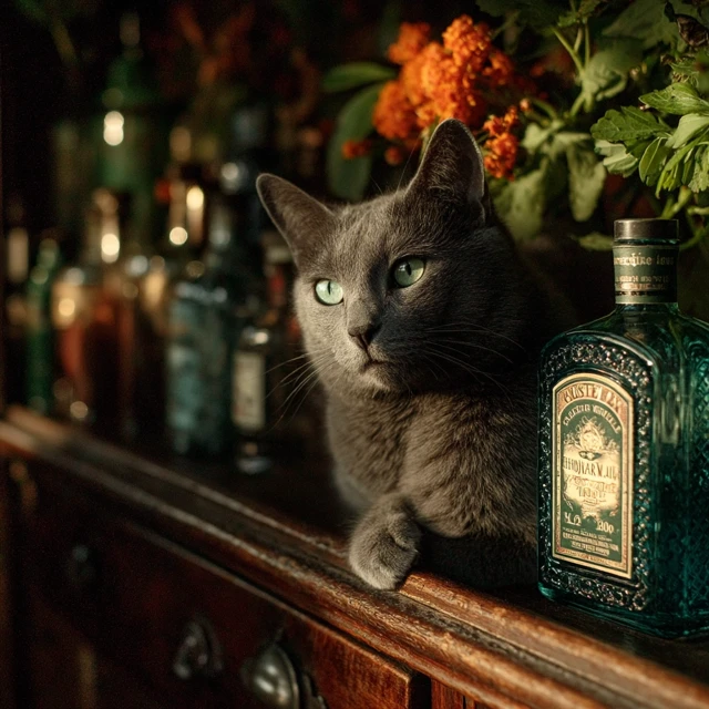 Russian Blue Cat with Whiskey and Floral Background