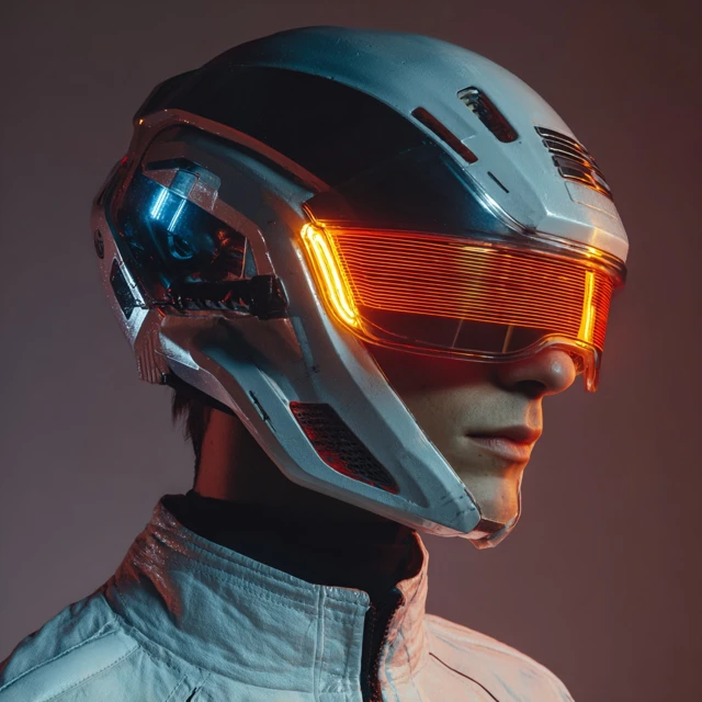 Cyberpunk Portrait Futuristic Helmet Orange and Blue Lights