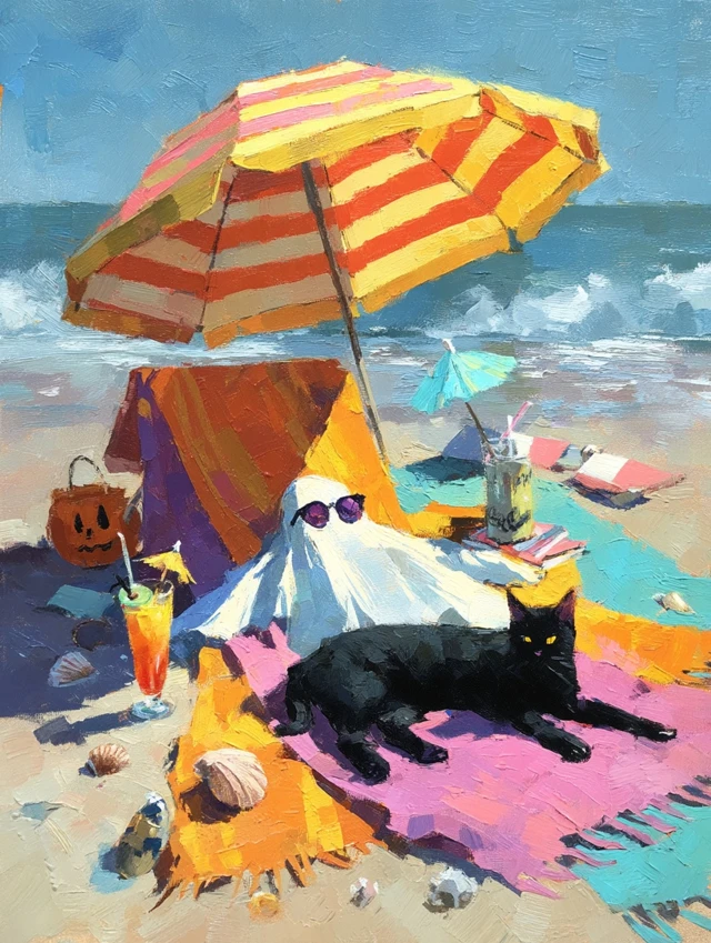 Ghost Cat Beach Day Dreamy Oil Painting