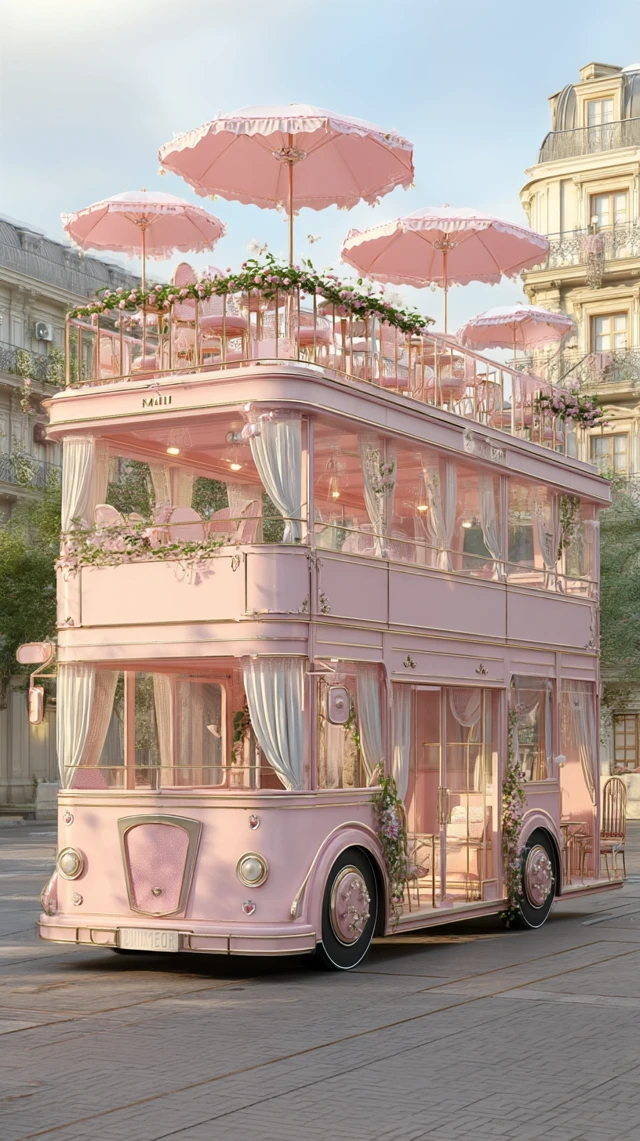 Dreamy Pink Bus Cafe in European City Street