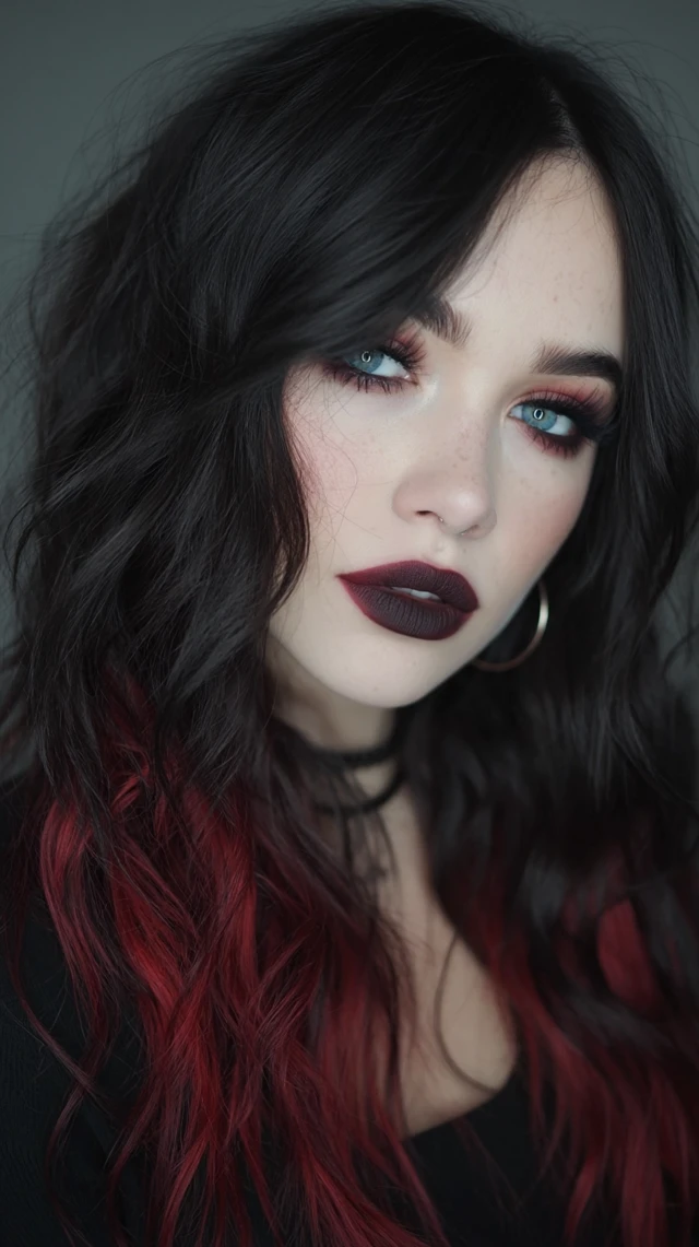 Woman with Black Hair and Red Highlights Makeup