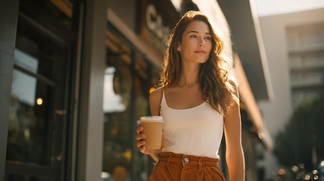 Fashionable Woman with Iced Coffee Summer Outfit