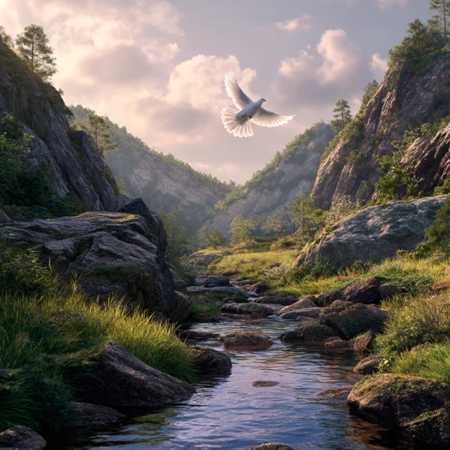 Peaceful Mountain Landscape with Flying Dove