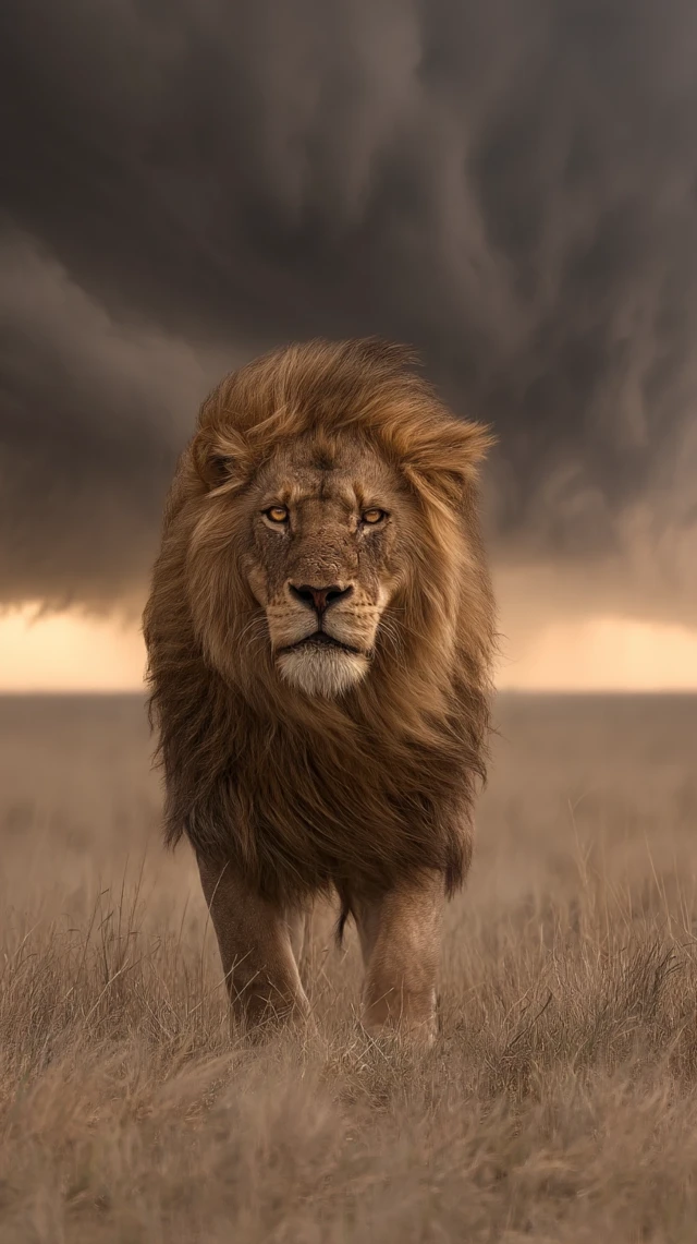 Majestic Golden Lion in a Dramatic Storm Realistic Art
