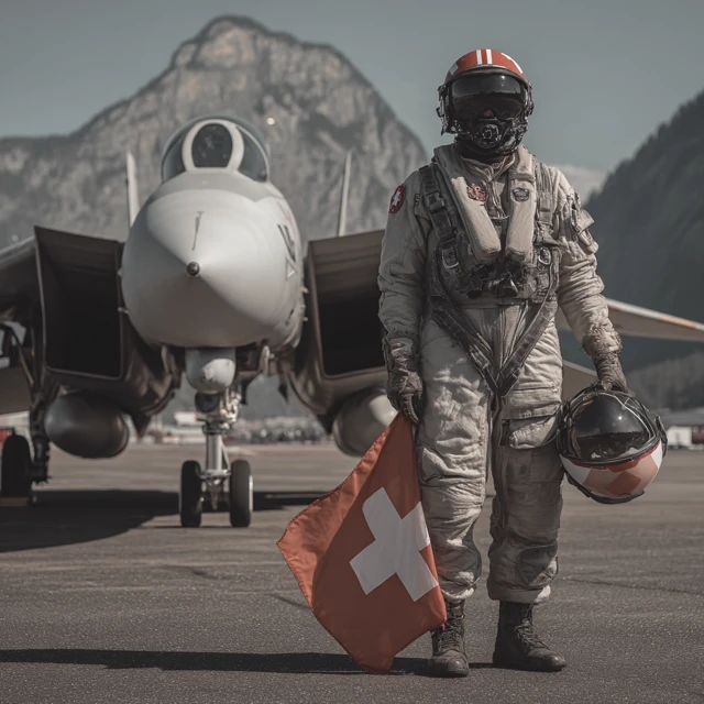Swiss Pilot with F14 Tomcat and Flag