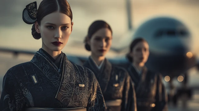 Japanese Flight Attendants in Kimono Inspired Uniforms