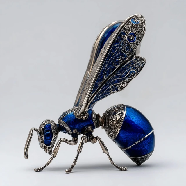 Ornate Blue Enamel and Silver Ant HR Giger Style