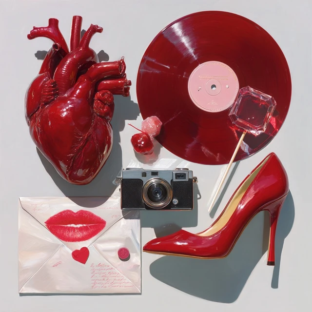 Red Themed Collage Love Letter Vinyl Record Heart Camera