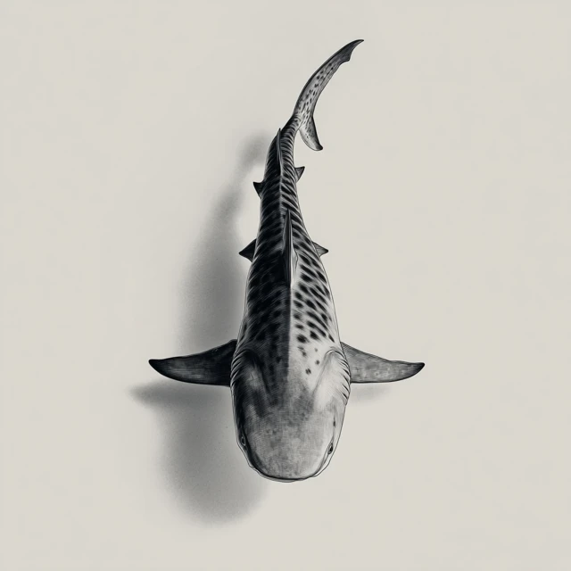 Tiger Shark Tattoo Drawing Aerial View Black and White