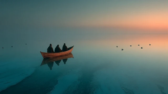 Lone Canoe Drifting at Sea Peaceful Landscape