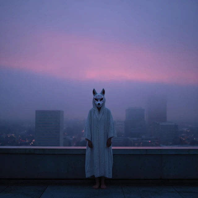 Kitsune Mask Figure on Rooftop at Dawn