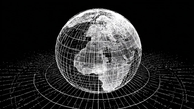 Wireframe Globe 3D Visualization Black and White Graphic