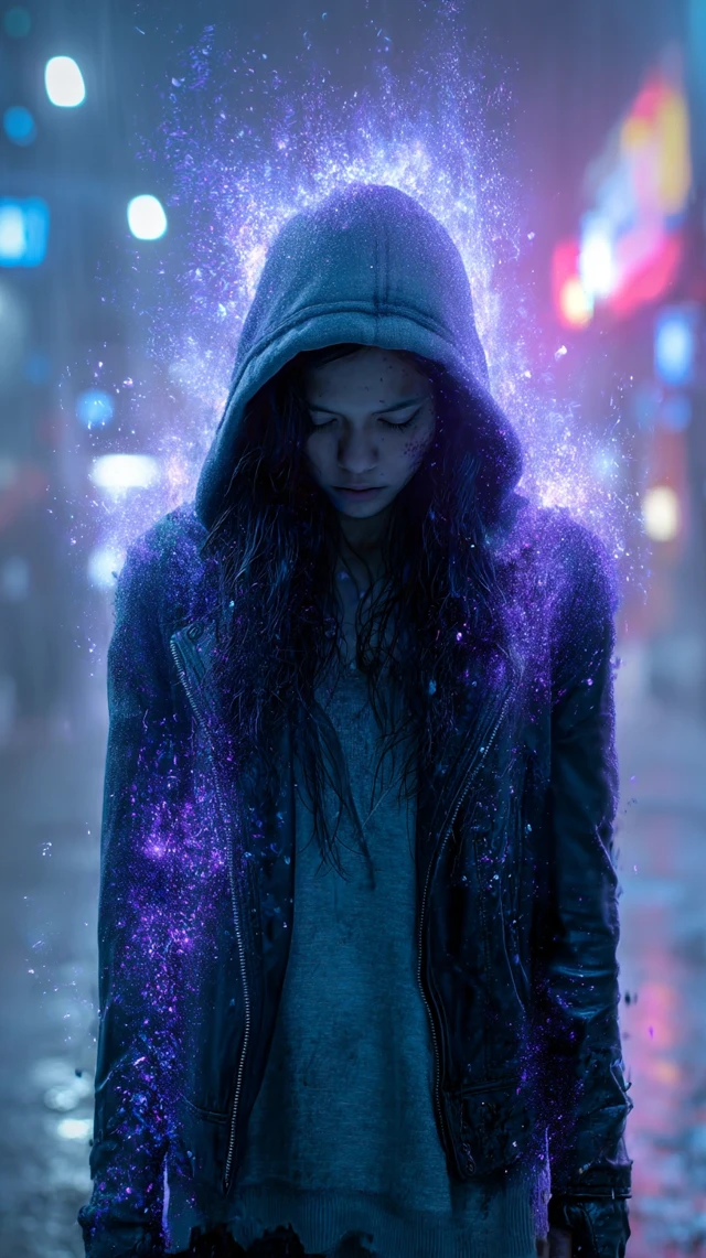 Cyberpunk Woman Disintegrating Into Energy