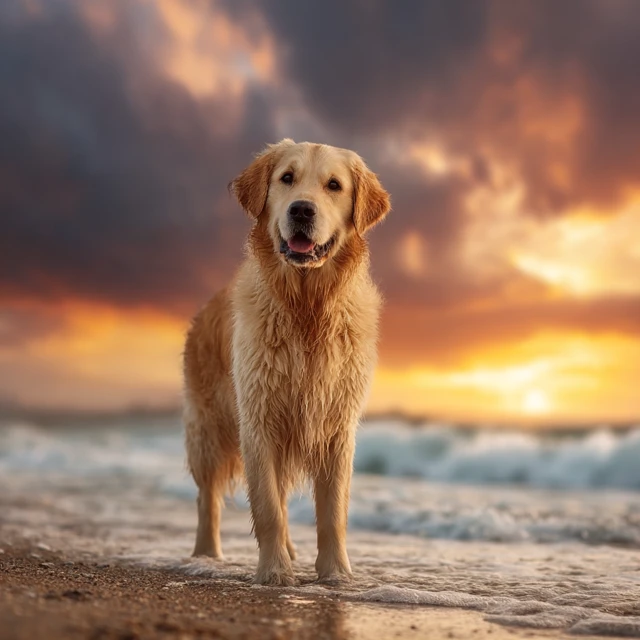 Golden Retriever on the Beach at Sunset