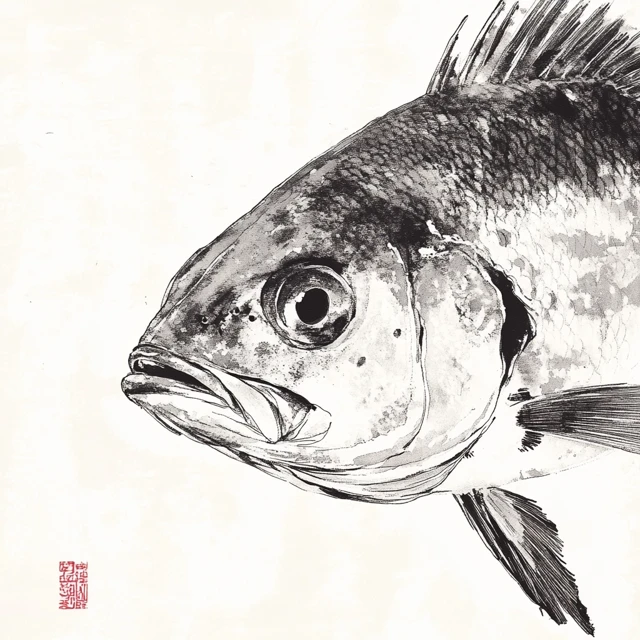 Red Seabream Madai Face Sumi e Ink Illustration