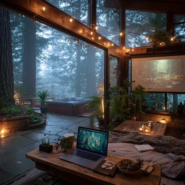 Cozy Cabin Dusk Oregon Forest Twilight Scene