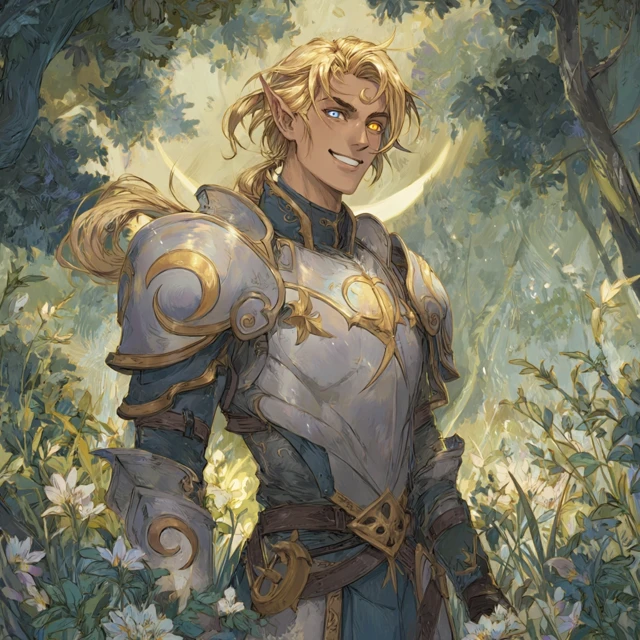 Elven Warrior Paladin with Heterochromia in a Forest