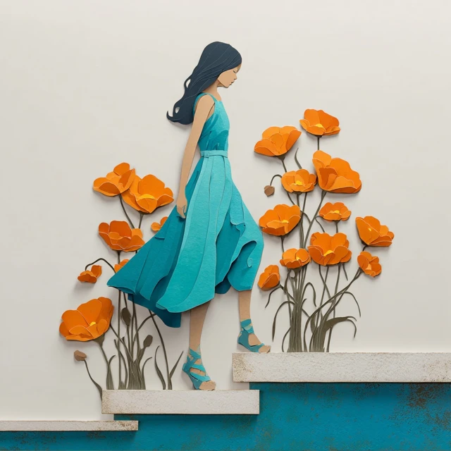 Girl in Turquoise Dress Paper Cut Art