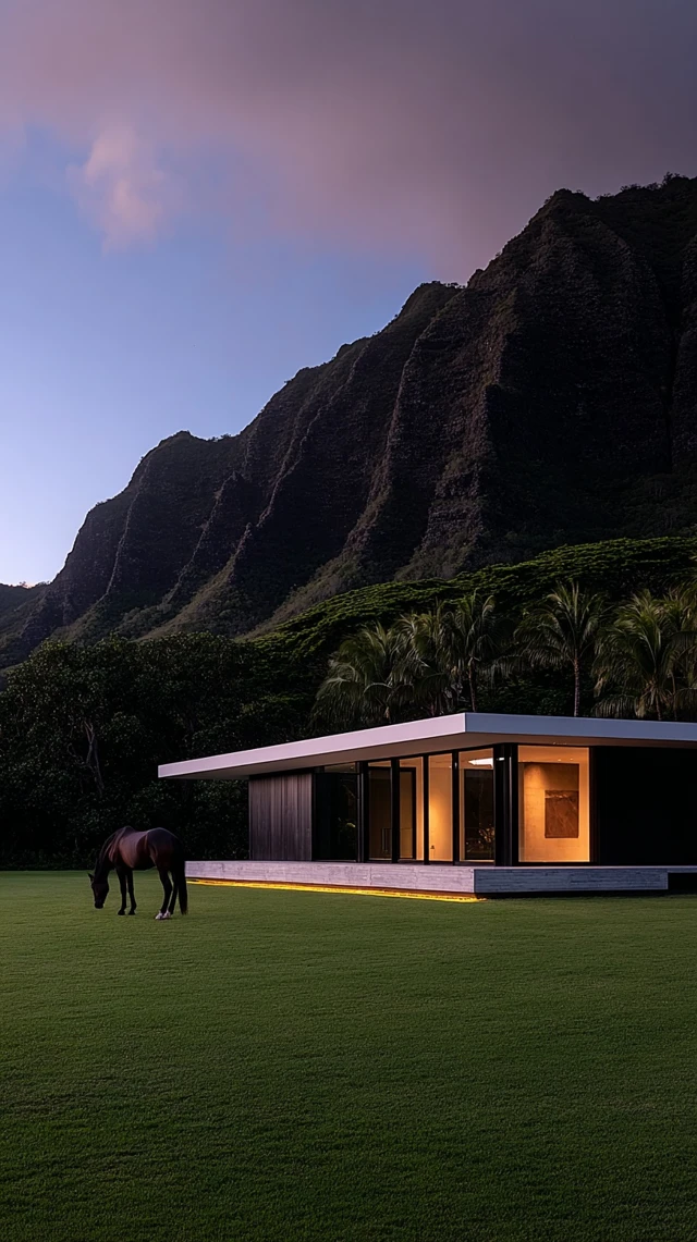 Modern House in Hawaii Mountains with a Horse