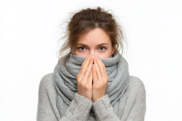 Woman with Flu Covering Mouth Isolated