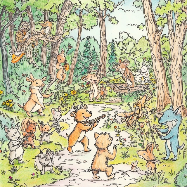 Animal Dance Party Forest Clearing Illustration