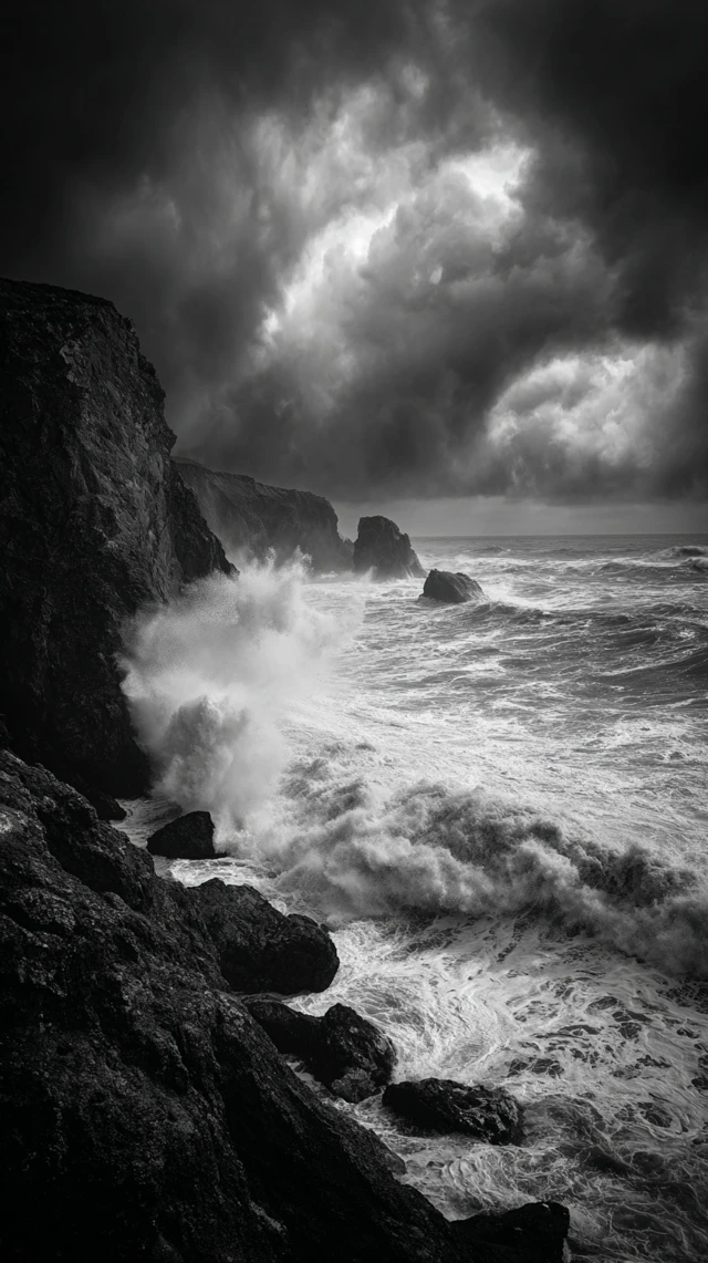 Stormy Coastal Scene Crashing Waves and Cliffs