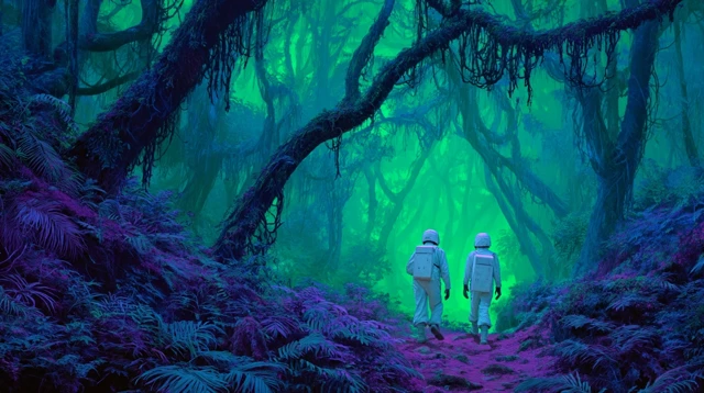 Retro Alien Jungle Exploration with Bioluminescent Vines