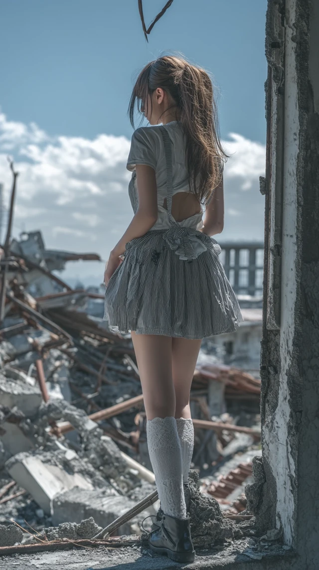 Girl in Ruined City Long Hair Perfect Body
