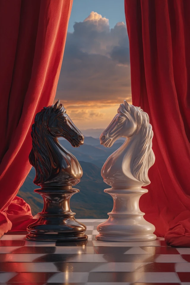 Chess Knight Confrontation Surreal Sunset Photo