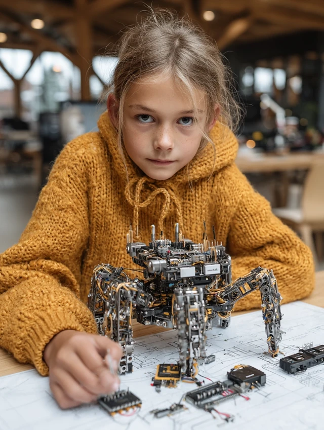 Young Girl Builds Robot In School Lab