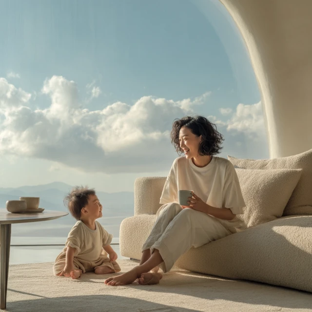 Cozy Family Moment Mother and Child in Sunlight Photography