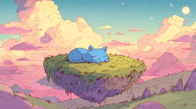 Cartoon Cat on Floating Island Adventure Time Style