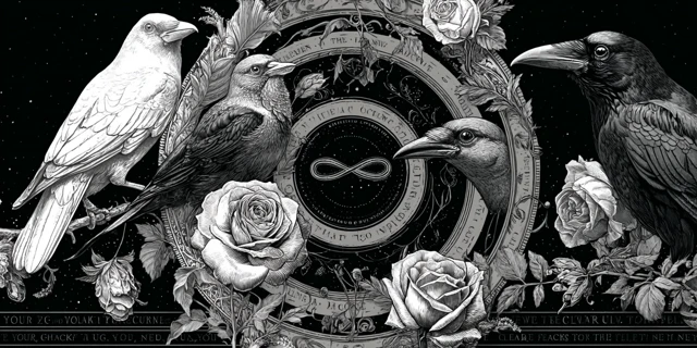Black and White Illustration of Crows and Roses