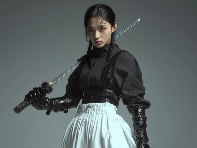 Japanese Female Martial Artist with Sword in Close Up Shot