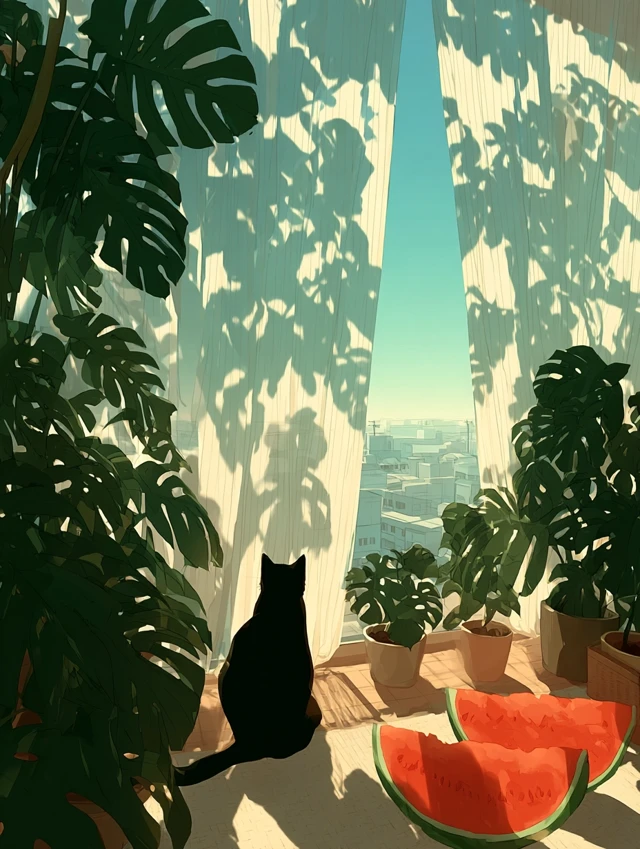 Cat Eating Watermelon Summer Scene