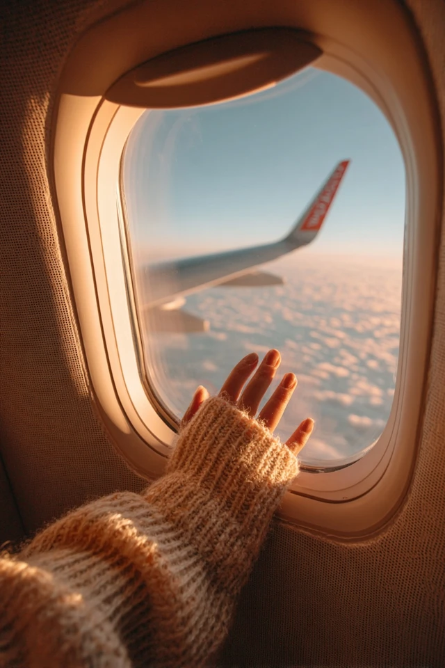 Airplane Window View Golden Hour Hand Clouds